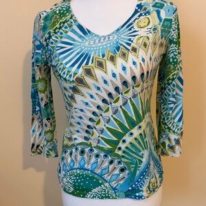 Chico's Blue and Green Patterned 3/4 Sleeve Top 3/4 Sleeve